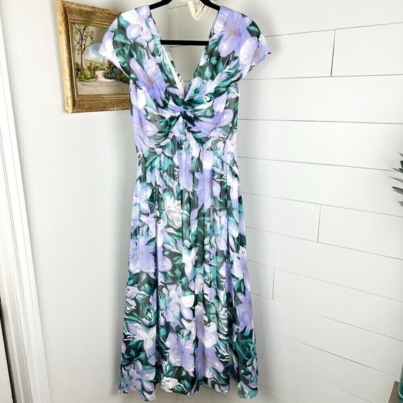 Tadashi Shoji Edith Printed Floral A-Line Dress Tea Midi Length Lilac NWT Size 8 - Picture 8 of 14